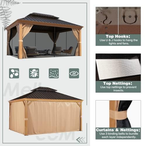 MELLCOM 12' X 14' Hardtop Gazebo, Wooden Finish Coated Aluminum Frame Gazebo with Galvanized Steel Double Roof, Brown Metal Gazebo with Curtains and Nettings for Patios, Gardens, Lawns MELLCOM