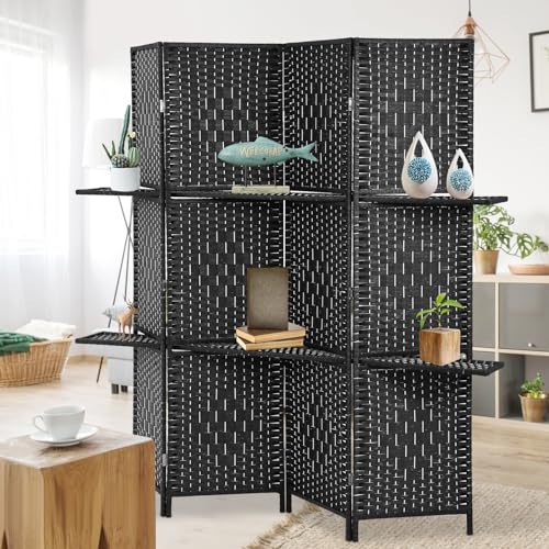 Room Divider Folding Portable Privacy Wooden Screen 4 Panel Partition Wall Indoor/Outdoor Folding Screen w/Dual-Sided Hinges & 2 Removable Display Shelves for Home Office, Black Dkeli