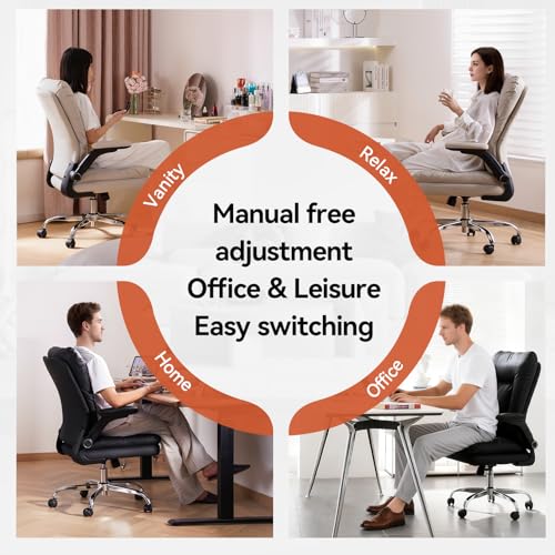 LEAGOO Ergonomic Executive Office Chair, Mid Back Comfy Desk Chairs with 3D Padded Flip-up Arms, Faux Leather Computer Rolling Chair with Wheels for Home, Adjustable Height, 300lbs, Beige LEAGOO