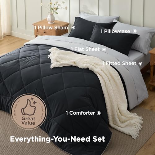 Bedsure Twin Comforter Set - 5 Pieces Reversible Black Bedding, Twin Size Bed Set for All Seasons, Bed in a Bag with Down Alternative Comforter, Sheets, Pillowcase & Sham Bedsure