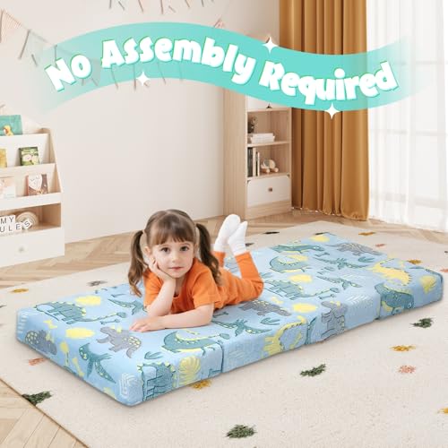 MeMoreCool Foldable Floor Mattress for Kids, Glow Dinosaur Trifold Mat, Kids Folding Mattress Portable Futon, Blue MeMoreCool