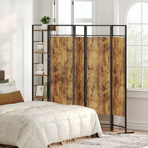 YATINEY Room Divider, 4 Panel Folding Privacy Screen with Storage, Portable Room Partition for Room Separator, Wall Divider Screen for Bedroom, Office, Rustic Brown and Black YATINEY