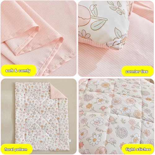 DuShow Floral 4 Piece Girls Toddler Bed Comforter Set Pink Flower Reversible Toddler Bedding Set Soft Baby Crib Bed Sheets Set in a Bag | Include Quilt Comforter,Flat Sheet,Fitted Sheet,Pillowcase DuShow