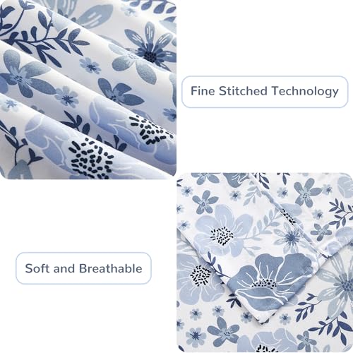 Mooreeke Queen Size Sheets Set - 4 Piece Soft Breathable Microfiber Bed Sheet Set - Blue & White Flower Pattern Sheet Set Queen - Deep Pocket Non-Slip Floral Fitted Sheet Included for All Season Mooreeke