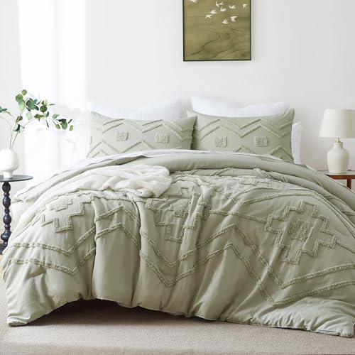Oli Anderson Boho Tufted Comforter Set King Size, 3 Pcs Soft Jacquard Bedding Set for All Seasons, Shabby Chic Farmhouse Bedding Set with Comforters for All Seasons (Mist Sage, King) Oli Anderson