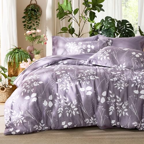 Bedsure Grayish Purple Twin Comforter Set - 5 Pieces Floral Bedding Sets Twin Bed in a Bag with Reversible Botanical Flowers Comforter, Sheets, Pillowcase & Sham Bedsure