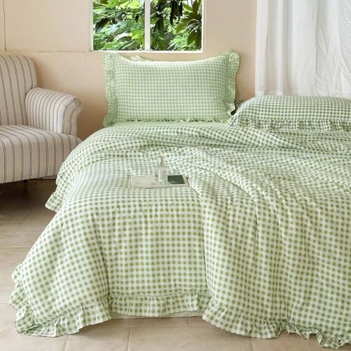 NSNLGSGC Sage Green Ruffle Gingham Comforter Set Queen, Pre-Washed Ruffled Plaid Checked Comforter Bedding, 3 Pieces Vintage Farmhouse Grid Bedding Set(Green Gingham, Queen) NSNLGSGC