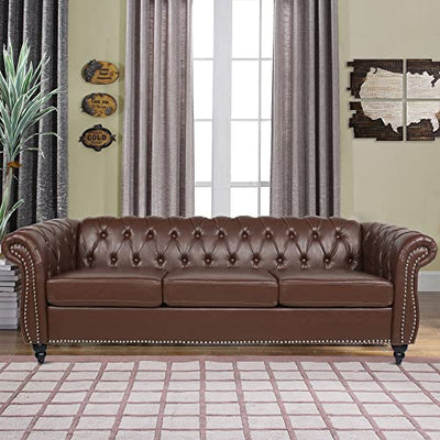 RARZOE Modern 3 Seater PU Chesterfield Sofa, Upholstered Tufted Button Leather Chesterfield Couch, Classic Faux Leather Settee with Nailhead Trim Scroll Arms for Living Room Bedroom(Dark Brown)