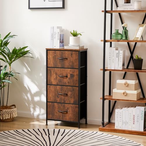 Sweetcrispy 4 Drawer Dresser, Fabric Storage Tower Organizer with Sturdy Steel Frame and Wood Top, Easy Pull Handles, for Bedroom, Closet, Entryway, Hallway, Brown Sweetcrispy