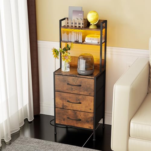 Fixwal 41 Inch Tall Nightstand with Charging Station, Led Night Stand with U-S-B Port & Socket, 3 PU Finished Fabric Storage Drawers, Office, Bedside Table & Bookshelf in One, Rustic Brown Fixwal