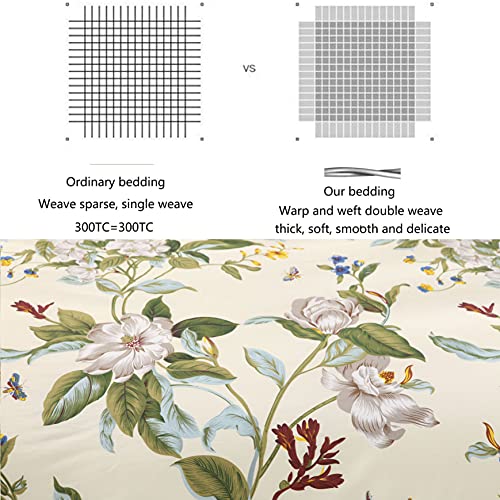 FADFAY Floral Duvet Cover Set 100% Cotton Green and Beige Striped Shabby Flower Bedding Branches Summer Bedding Reversible 600 TC Soft Zipper Comforter Cover & 2 Pillowcases,Full FADFAY