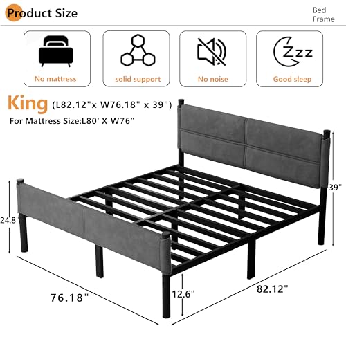 Henshwon Metal Bed Frame,14Inch King Size Bed Frame with Storage Space,Heavy Duty Sturdy Mattress Foundation,Easy Assembly,No Box Spring Needed,King Grey Henshwon