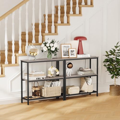 Snughome Console Table with Power Outlets, Entryway Table with Storage, Narrow Sofa Table with 3 Tier Shelves, 2 USB Ports, 2 Power Outlets, Hallway Table for Couch, Living Room, Entrance, Grey Snughome