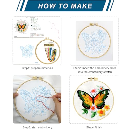 Zhenqing Butterfly Embroidery Kit 11.4x11.4 Inch - Complete Embroidery Set with Fabric, Threads, Needles & Hoop - Beginner-Friendly DIY Craft Kit for Adults (C0040)
