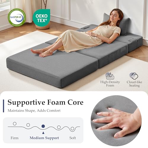 Youzi Folding Sofa Bed Convertible Sleeper Chair with Pillow, 4-in-1 Foldable Mattress Futon Couch Bed to Lounge Chair for Living Room, Bedroom, Dorm & Guest, Washable Cover, Dark Gray, Single Youzi