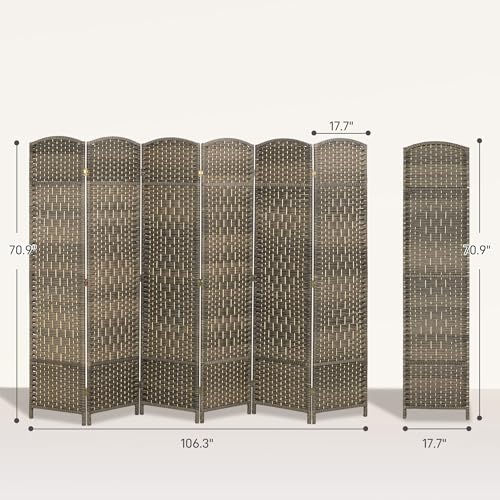 HOMCOM 6 Panel Room Divider, 6' Tall Folding Privacy Screen, Woven Freestanding Wall Partition for Home Office, Bedroom, Dark Rustic Oak HOMCOM