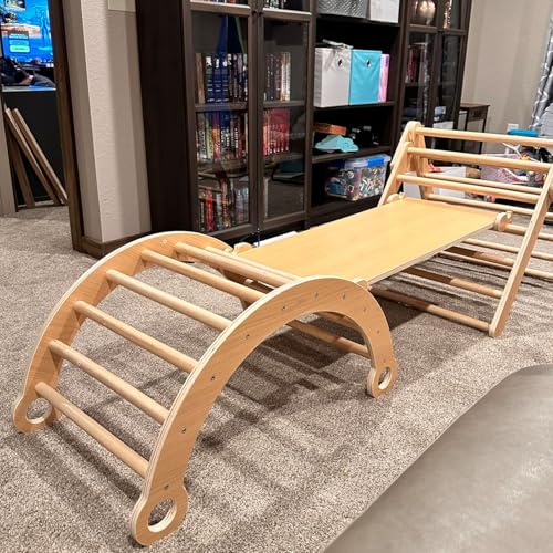 Asweets Pikler Triangle Set, 5 in 1 Foldable Montessori Climbing Set with Ramp, Baby Climbing Toys for Indoor Playground, Jungle Gym for Kids with Arch Climber, Rocker, Suitable for Toddlers Asweets