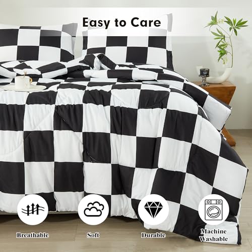 Anrenoti Black White Plaid Comforter Set, 3 Pieces Fluffy Gingham Checkered Down Alternative Comforter Full (79"x90"), Lightweight Microfiber Geometric Bedding with 2 Pillowcases for All Seasons Anrenoti