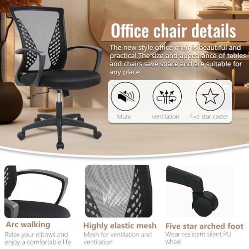 FDW Home Office Chair Mid Back PC Swivel Lumbar Support Adjustable Desk Task Computer Ergonomic Comfortable Mesh Chair with Armrest (Black) FDW