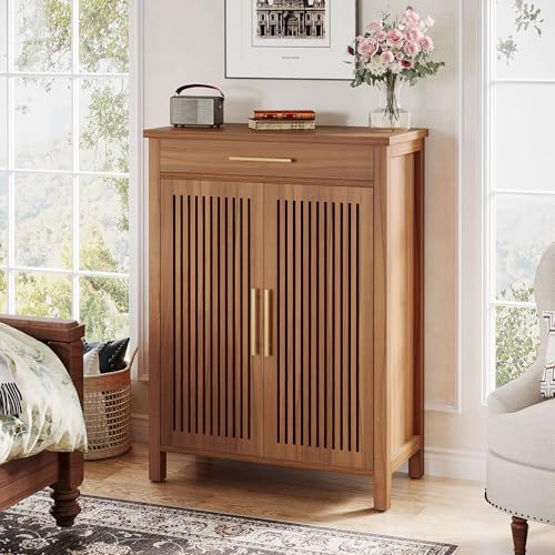 Tribesigns Shoe Cabinet, 5-Tier Shoe Storage Cabinet with Louvered Doors and Drawer, Freestanding Wooden Shoe Rack Organizer with Adjustable Shelves for Entryway, Hallway, Closet, Brown Tribesigns