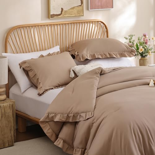 JANZAA Queen Ruffled Comforter Set 3PCS (1 Taupe Comforter Set and 2 Pillowcases) Vintage Farmhouse Shabby Chic Bedding Soft Fluffy Bed Set All Season JANZAA
