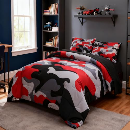 Holawakaka Full Size Camo Bedding Comforter Set with Sheets,Boys Girls Men Camouflage Bed in A Bag 5 Pieces,Kids Teens Dorm Bed Sets Neutral Farmhouse Lodge Cabin Army Bedspread (Red, Full) Holawakaka