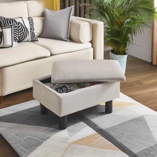 IBUYKE Storage Ottoman Footrest Stool with Linen Fabric, Rectangular, Flip Top Lid, Non-Slip Feet, Compact Design, Stylish and Functional, Linen RF-BD223 IBUYKE