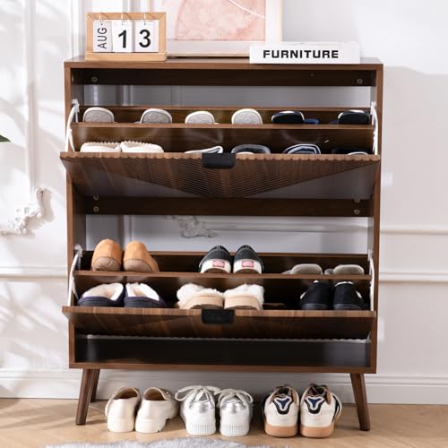 oakvivo Shoe Cabinet Storage, Farmhouse Freestanding Organizer with 2 Flip Drawers and 4 Wooden feet, Narrow Shoe Rack Cabinet for Entryway, Foyer, Hallway, Walnut oakvivo