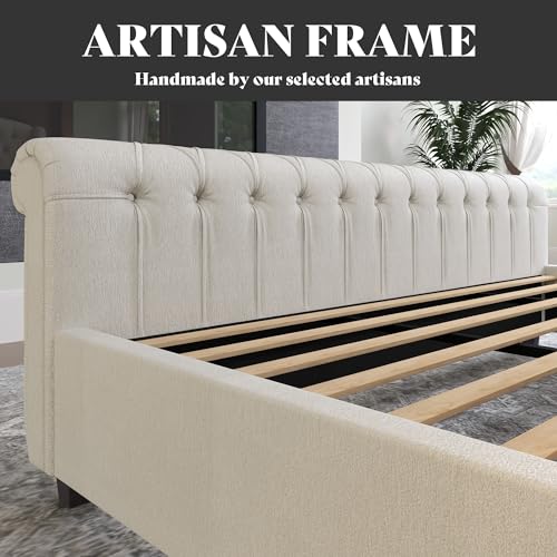AMERLIFE California King Size Platform Bed Frame, Velvet Upholstered Sleigh Bed with Scroll Wingback Headboard & Footboard/Button Tufted/No Box Spring Required/Cream AMERLIFE