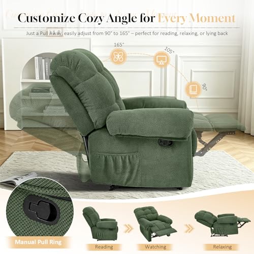 GEEVIVO Recliner Chair, Manual Armchair for Adults with Adjustable Push Back & Side Pocket Small Single Sofa Overstuffed Upholstered for Living Room, Bedroom, Home Theater, Green