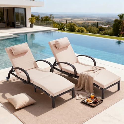 Lanonuvia Pool Outdoor Lounge Chairs Set of 2,Outdoor Chaise Lounge w/ 5 Adjustable Back,Wicker Patio Pool Lounge Chair with Wheels for Poolside Deck Lawn,Khaki
