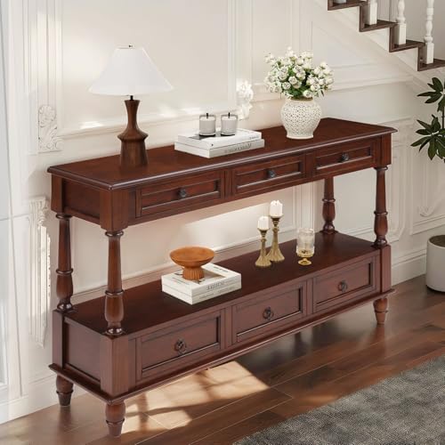 LKTART 54'' Solid Wood Console Table, Farmhouse Entryway Table with 6 Drawers and Shelf, Narrow Long Sofa Table with Storage for Living Room Hallway, Couch, Foyer (Cherry) LKTART