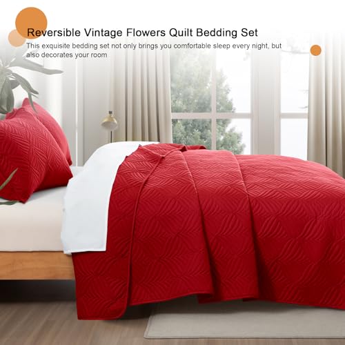 Whale Flotilla Extra Soft Twin Quilt Bedding Set, Lightweight Red Bedspreads Quilts Twin Size with Modern Pattern, Reversible 2-Piece Coverlet with 1 Pillow Shame for All Seasons Whale Flotilla