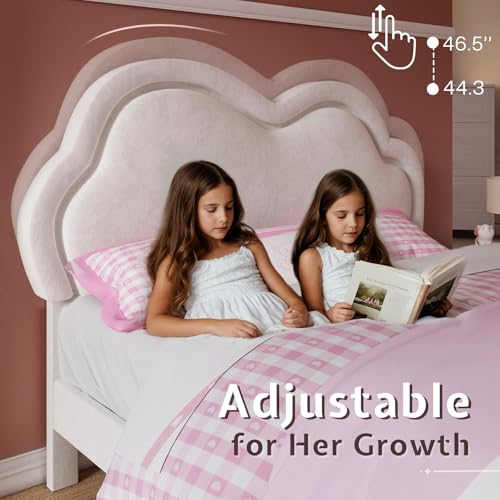 Jocisland Twin Bed Frame for Girls with Adjustable Cloud Headboard, Velvet Upholstered & RGB Lights, 7.1" Underbed Storage, No Box Spring Needed, Cream Jocisland