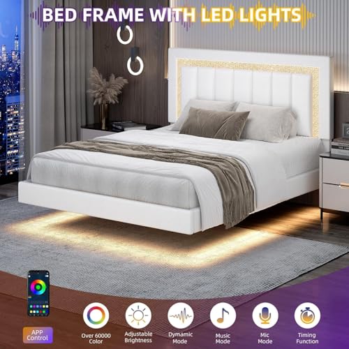 HOMBCK Floating Bed Frame Full with Smart LED Lights, Faux Leather Upholstered Platform Bed with Diamond PU Headboard, No Box Spring Needed, Noise-Free, Easy Assembly, White HOMBCK