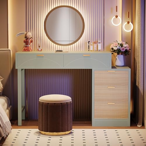 Tribesigns Makeup Vanity Desk with 5 Drawers, Modern Small Dressing Desk with Storage, Wood Make Up Table for Bedroom, Narrow Space (Without Mirror), Mint Green Tribesigns