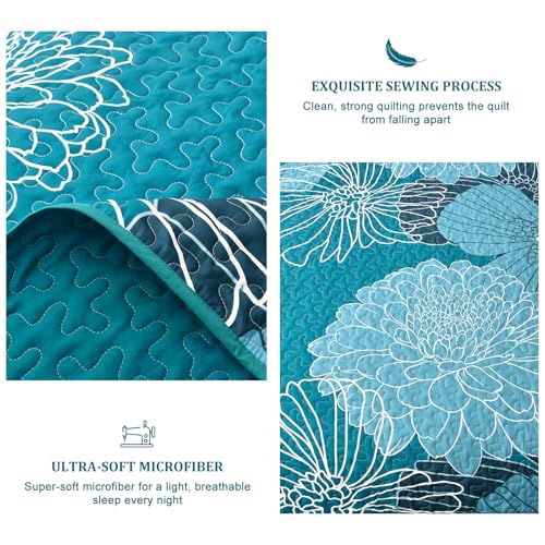 King Quilt Sets Teal Floral Pattern Quilt Bedding Set, 3 Pieces Botanical Quilt Bedspread Coverlet Set, Soft Microfiber Boho Flower Bed Coverlet Bedding Set for All Season(104" x 90) Anibedding