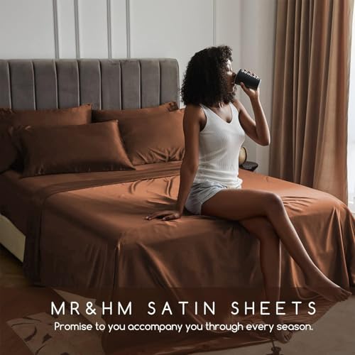 MR&HM Satin Bed Sheets, King Size Sheets Set, 4 Pcs Silky Bedding Set with 15 Inches Deep Pocket for Mattress (King, Brown) MR&HM