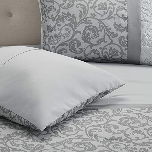 510 DESIGN Luxe Quilted Comforter Set Modern Transitional Design, All Season Down Alternative Warm Bedding Matching Shams, Bedskirt, Decorative Pillow, Cal King, Ramsey Damask Grey