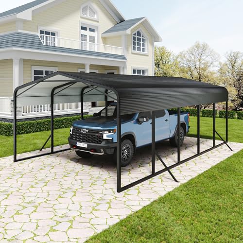 Unovivy 15x25 FT Metal Carport, Large Outdoor Heavy Duty Carport with Galvanized Steel Roof and 4 Support Feet, Spacious Vehicle Shelter for Cars, Boats, RVs, and Outdoor Equipment Unovivy