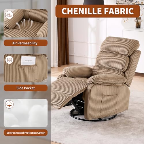 Velvet Upholstered Glider Recliner Chair – 360° Swivel Rocker Chair for Adults, Small Rocking Chair for Small Spaces, Soft Fabric Recliner Chair with Side Pockets, Comfortable Nursery Chair,Brwon