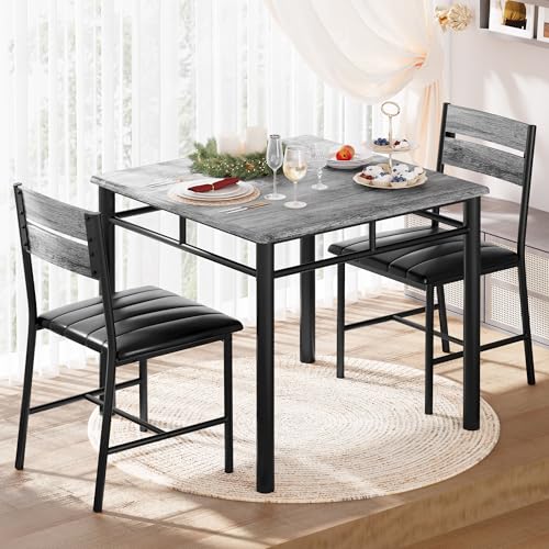 IRONCK Dining Table Set for 2, Small Kitchen Table with Upholstered Chairs for Kitchen & Dining Room, Compact Dining Set for Small Spaces, Gray IRONCK
