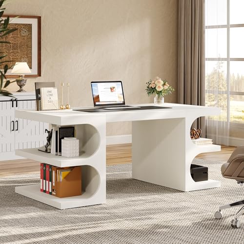 Tribesigns White Executive Office Desk, 63" Computer Desk with Storage Shelves, Modern Wood Study Writing Table, Large Workstation Business Furniture for Home Office (Table Only) Tribesigns