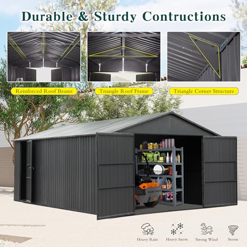 Domi 12x15FT Outdoor Metal Garage Shed, Extra Large Carport with Skylights & Dual-Entry, Backyard Storage Shed for Car, Truck, Lawn Mower and Tool, Dark Grey domi outdoor living