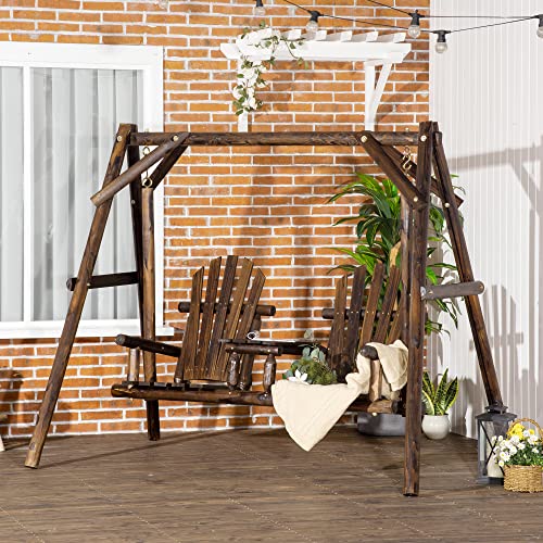 Outsunny Wooden Porch Swing with Stand, 2-Seat Patio Swing Chair with Center Table, for Garden, Poolside, Backyard Outsunny