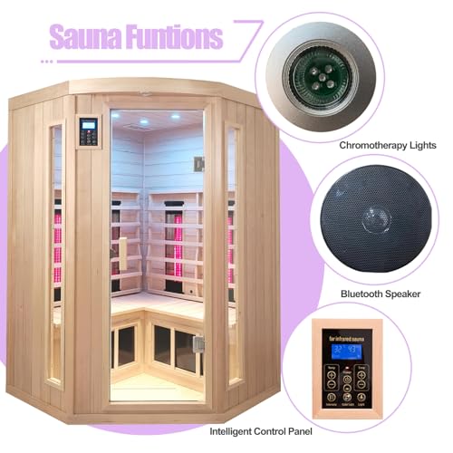 KUNSANA Ceramic Infrared Sauna, 2-3 Person Home Sauna, Canadian Hemlock Indoor Corner Sauna Spa, Wooden Sauna Room, 5 Low EMF Heaters + 4 Ceramic Tubes, Bluetooth Speakers, Chromotherapy Lights KUNSANA