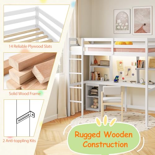 Giantex Twin Loft Bed with Desk & Hutch, Wooden Loft Bed w/LED Light & Charging Station, Safety Guardrails & Ladder, Twin Bed Frame w/Storage Shelves for Dorm, Apartment, No Box Spring Needed, White Giantex