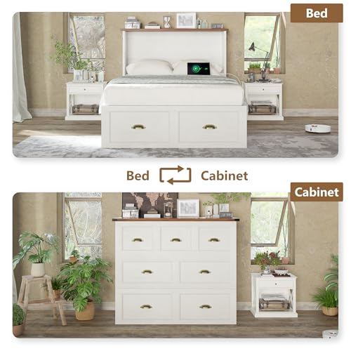 AMERLIFE Twin Size Murphy Bed, Farmhouse Wooden Cabinet with Charging Station and Storage Drawer for Bedroom/Office/Guest Room, White+Barnwood AMERLIFE