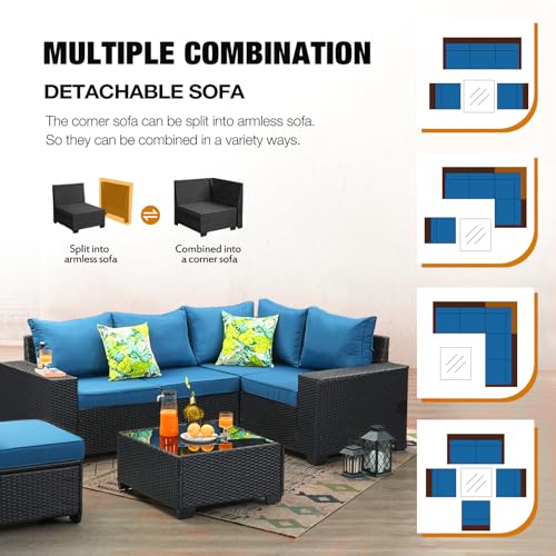 JOYURE 6 Pieces Patio Furniture set All-Weather Outdoor Wicker Sectional Conversation Sofa Rattan patio seating sofa with cushion and Glass Table for Porch Poolside,Peacock Blue JOYURE