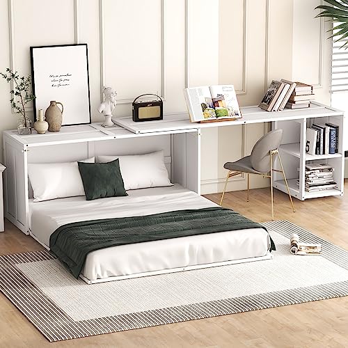 RuiSiSi Queen Murphy Bed Wall Bed with Rotable Desk, Foldable Platform Bed Frame with Storage, for Home Office Small Room, White RuiSiSi